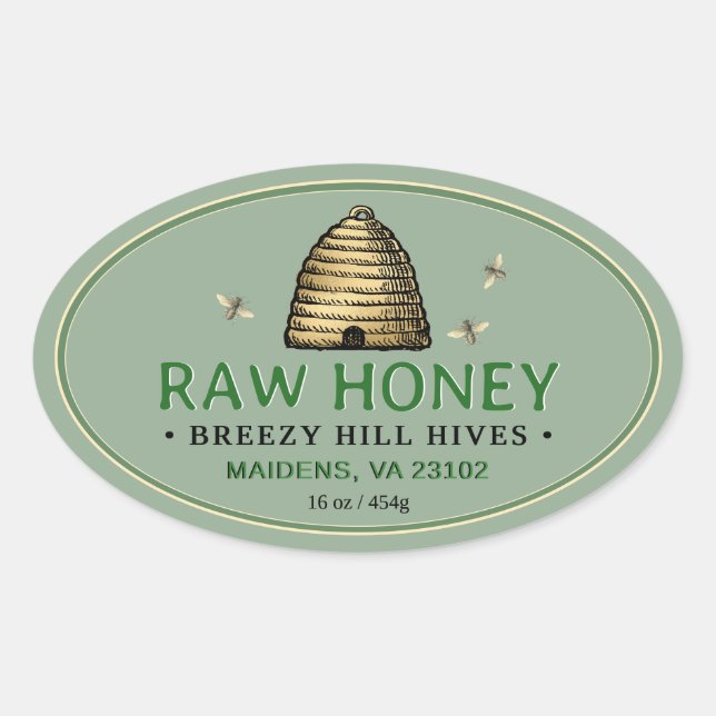 Vintage Gold Skep with Honeybees Oval Honey Label  (Front)