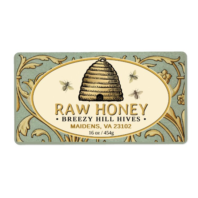 Vintage Gold Skep with Honeybees Rectangle Honey   (Front)