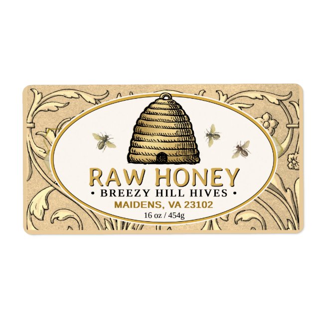 Vintage Gold Skep with Honeybees Rectangle Honey   (Front)