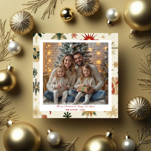 Vintage Gold Snowflakes pattern photo Holiday Card