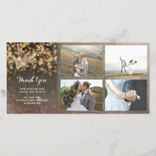 Vintage Gold String Lights Rustic Wood Wedding Thank You Card