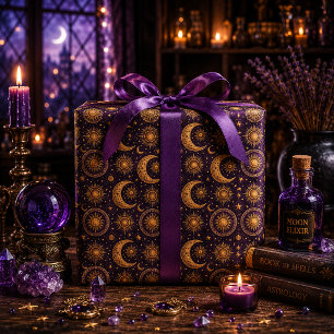 Vintage Gold Sun Crescent Moon Deep Plum Wrapping Paper