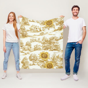Vintage Gold Sunflower Botanical Toile Pattern Fleece Blanket