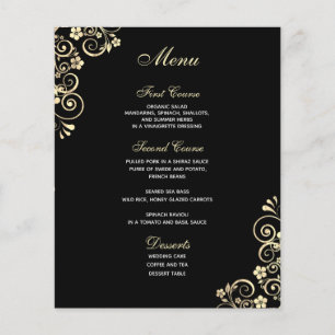 Vintage Gold Swirl on Black Budget Wedding Menu