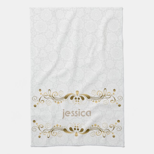 Vintage Gold Swirls Frame Kitchen Towel (Vertical)