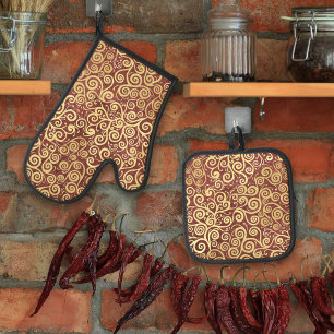 Vintage Gold Swirls Pattern Elegant Terracotta Oven Mitt & Pot Holder Set