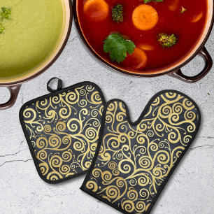 Vintage Gold Swirls Pattern Luxury Charcoal Grey Oven Mitt & Pot Holder Set