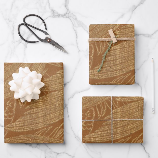 vintage gold terracotta brocade wrapping paper sheet (Front)