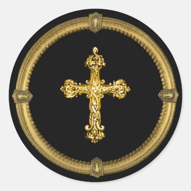 Vintage Gold Tone Cross and Deco Keyhole Frame Classic Round Sticker (Front)