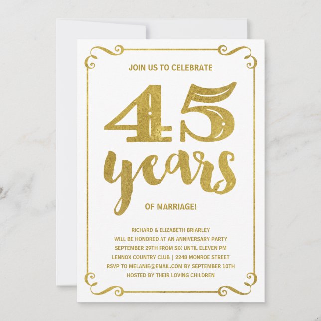 Vintage Gold Typography 45th Anniversary Invitation (Front)