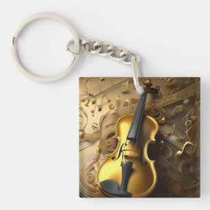 Vintage Gold Violin On Gold Musical Cords, Keychain