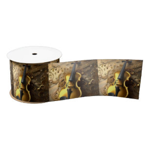Vintage Gold Violin On Gold Musical Cords, Satin Ribbon