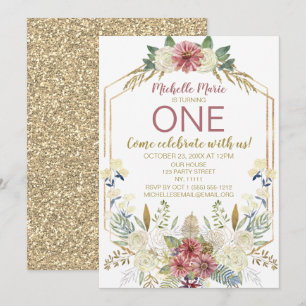 Vintage Gold Watercolor Floral First Birthday Invitation