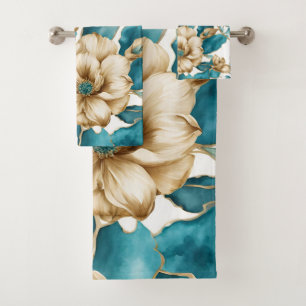 Vintage Gold White Teal Floral Pattern Flower Bath Towel Set