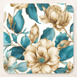 Vintage Gold White Teal Floral Pattern Flower Square Paper Coaster