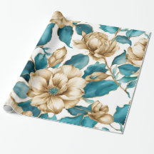 Vintage Gold White Teal Floral Pattern Flower