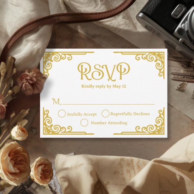 Vintage Gold White Wedding  RSVP Card (Cinematic Vintage Gold White Wedding RSVP Card)