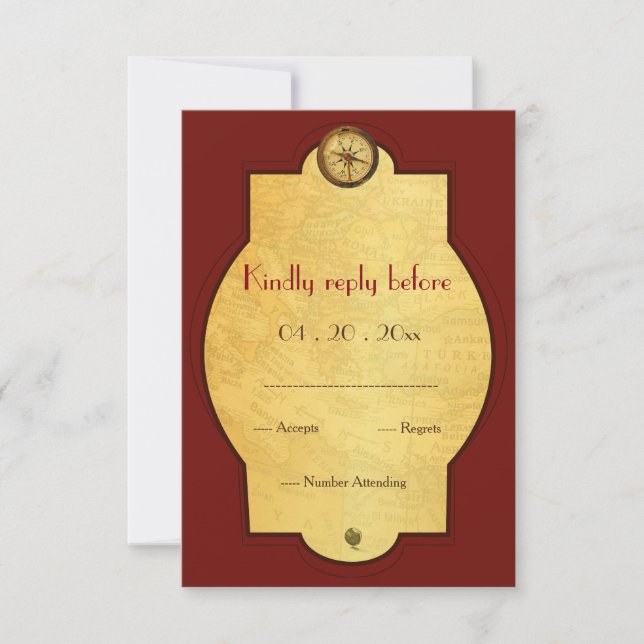 Vintage gold world travel themed wedding RSVP (Front)