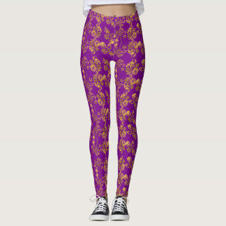 Vintage Golden floral print on purple Leggings