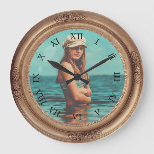 Vintage golden frame round retro photo classic large clock