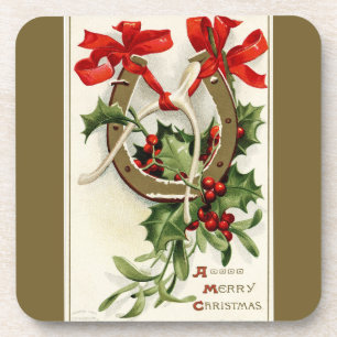 Vintage Golden Horseshoe Wishbone Bronze Christmas Coaster