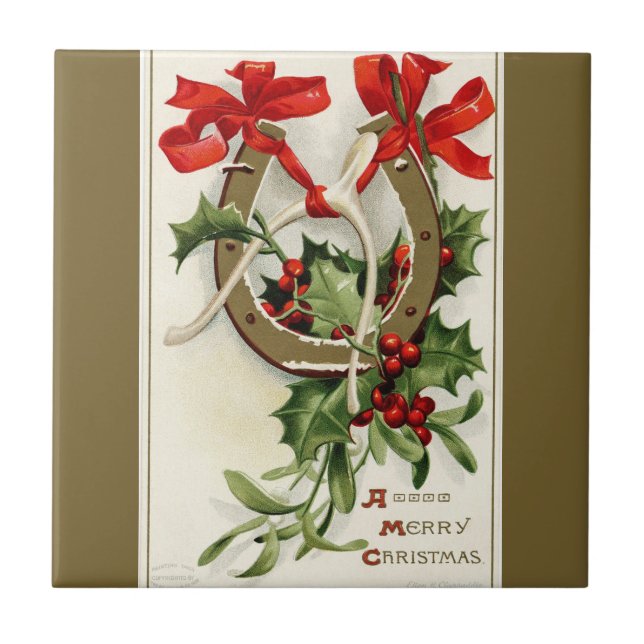 Vintage Golden Horseshoe Wishbone Bronze Christmas Tile (Front)