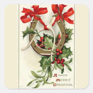Vintage Golden Horseshoe Wishbone Christmas Square Sticker
