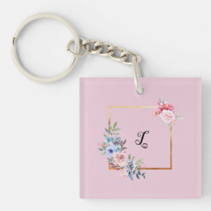 Vintage Golden Multicolored Flowers Monogram Text  Keychain