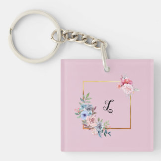 Vintage Golden Multicolored Flowers Monogram Text  Keychain