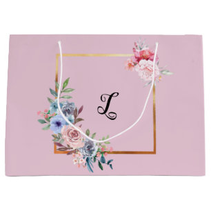 Vintage Golden Multicolored Flowers Monogram Text Large Gift Bag