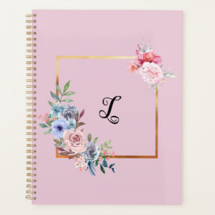 Vintage Golden Multicolored Flowers Monogram Text  Planner