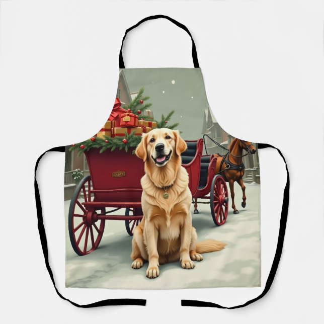 Vintage Golden Retriever Christmas Carriage Illust Apron (Front)