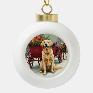 Vintage Golden Retriever Christmas Carriage Illust Ceramic Ball Christmas Ornament