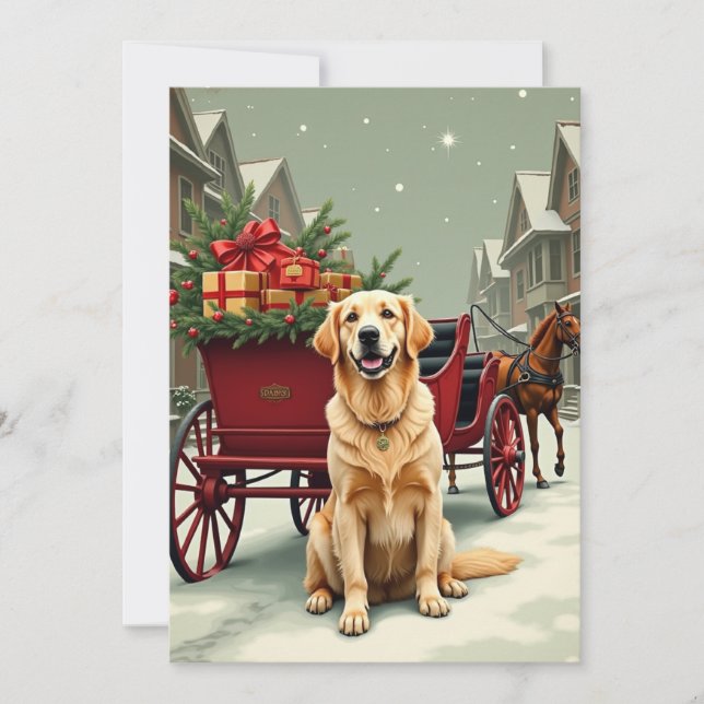 Vintage Golden Retriever Christmas Carriage Illust Holiday Card (Front)