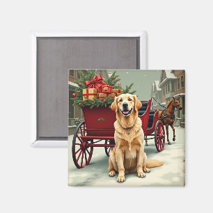 Vintage Golden Retriever Christmas Carriage Illust Magnet