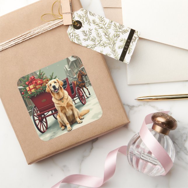 Vintage Golden Retriever Christmas Carriage Illust Square Sticker (Gifting)