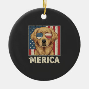 Vintage Golden Retriever 'Merica Flag Ceramic Ornament