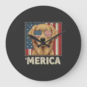 Vintage Golden Retriever 'Merica Flag Large Clock