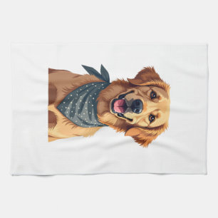 Vintage Golden Retriever Portrait with Colorful Ba Kitchen Towel