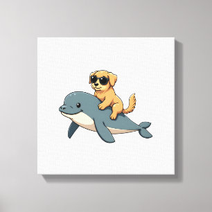 Vintage Golden Retriever Riding Beluga Whale Funny Canvas Print
