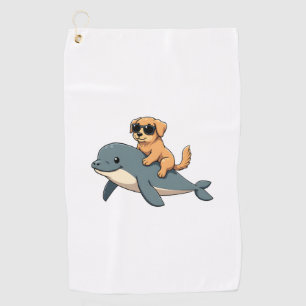 Vintage Golden Retriever Riding Beluga Whale Funny Golf Towel