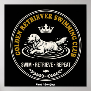 Vintage Golden Retriever Swimming Club Retro Dog Poster