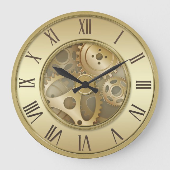 Vintage Golden Roman Numerals Round Wall Clock (Front)