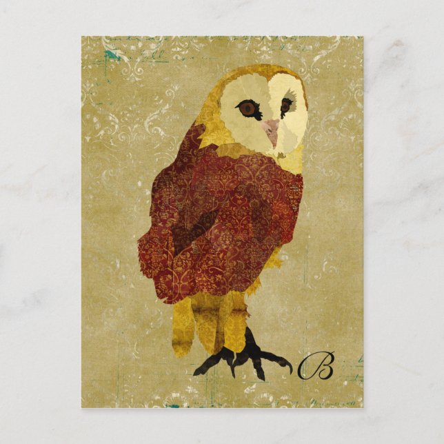 Vintage Golden Ruby Owl Monogram Postcard (Front)
