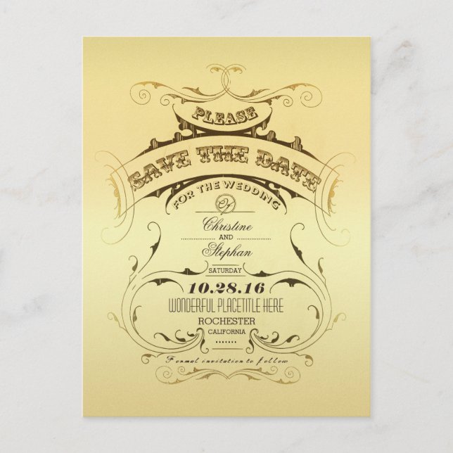 Vintage golden save the date postcard (Front)