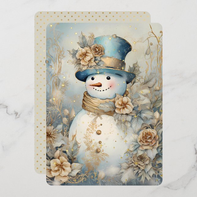 Vintage Golden Snowman Foil Holiday Card (Front/Back)