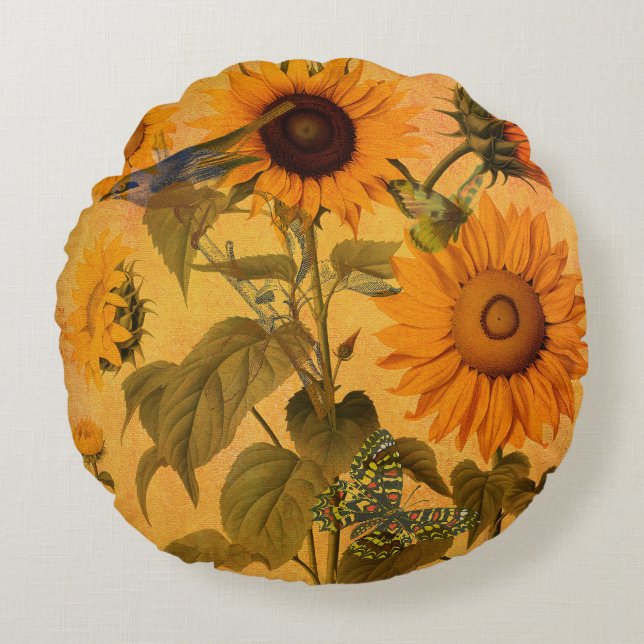 Vintage Golden Sunflower Collage Round Pillow (Front)