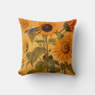 Vintage Golden Sunflower Collage Throw Pillow