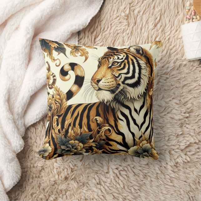 Vintage Golden Tiger Painting Throw Pillow (Blanket)