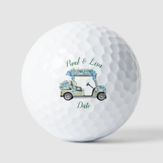 Vintage Golf Cart Blue Hydrangea Monogrammed Golf  Balls (Front)